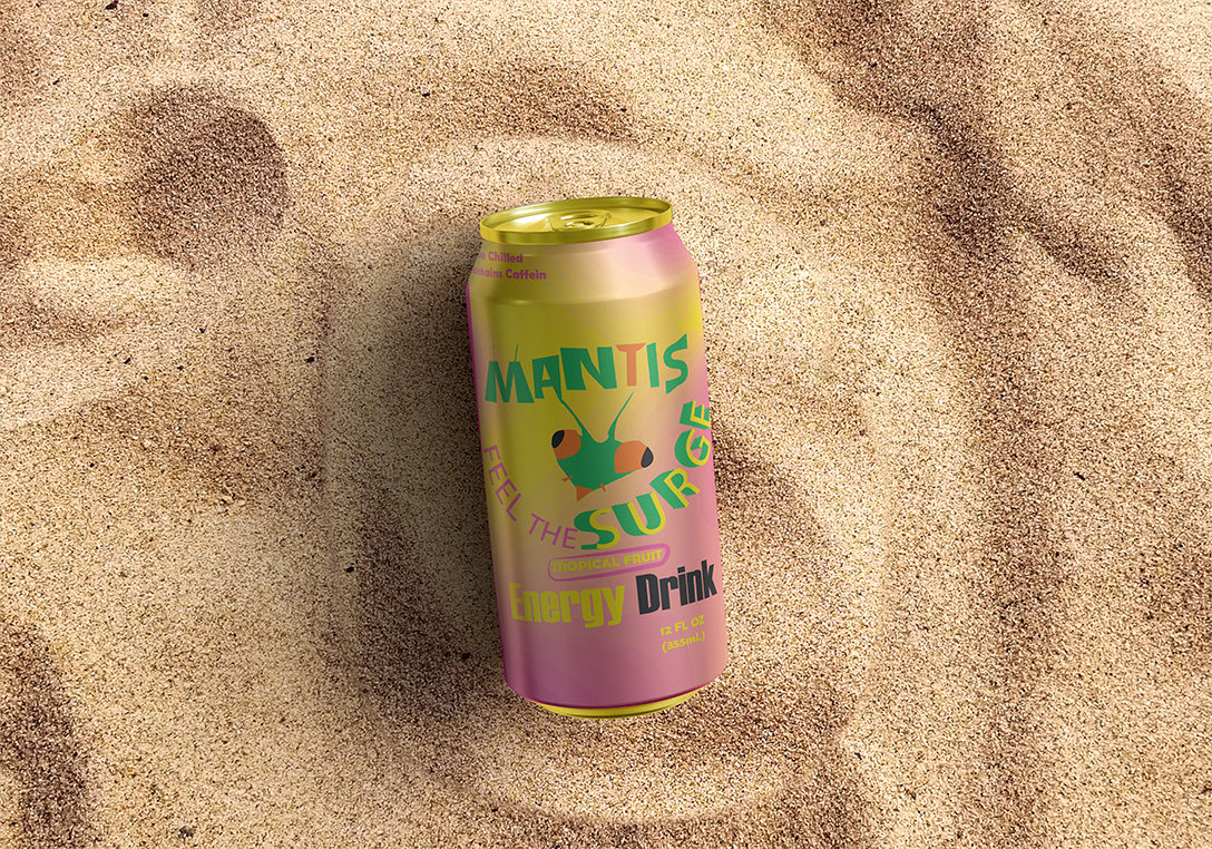 Big mantis head drawing. Under the logo there is a `Feel The Surge` phrase is shown.