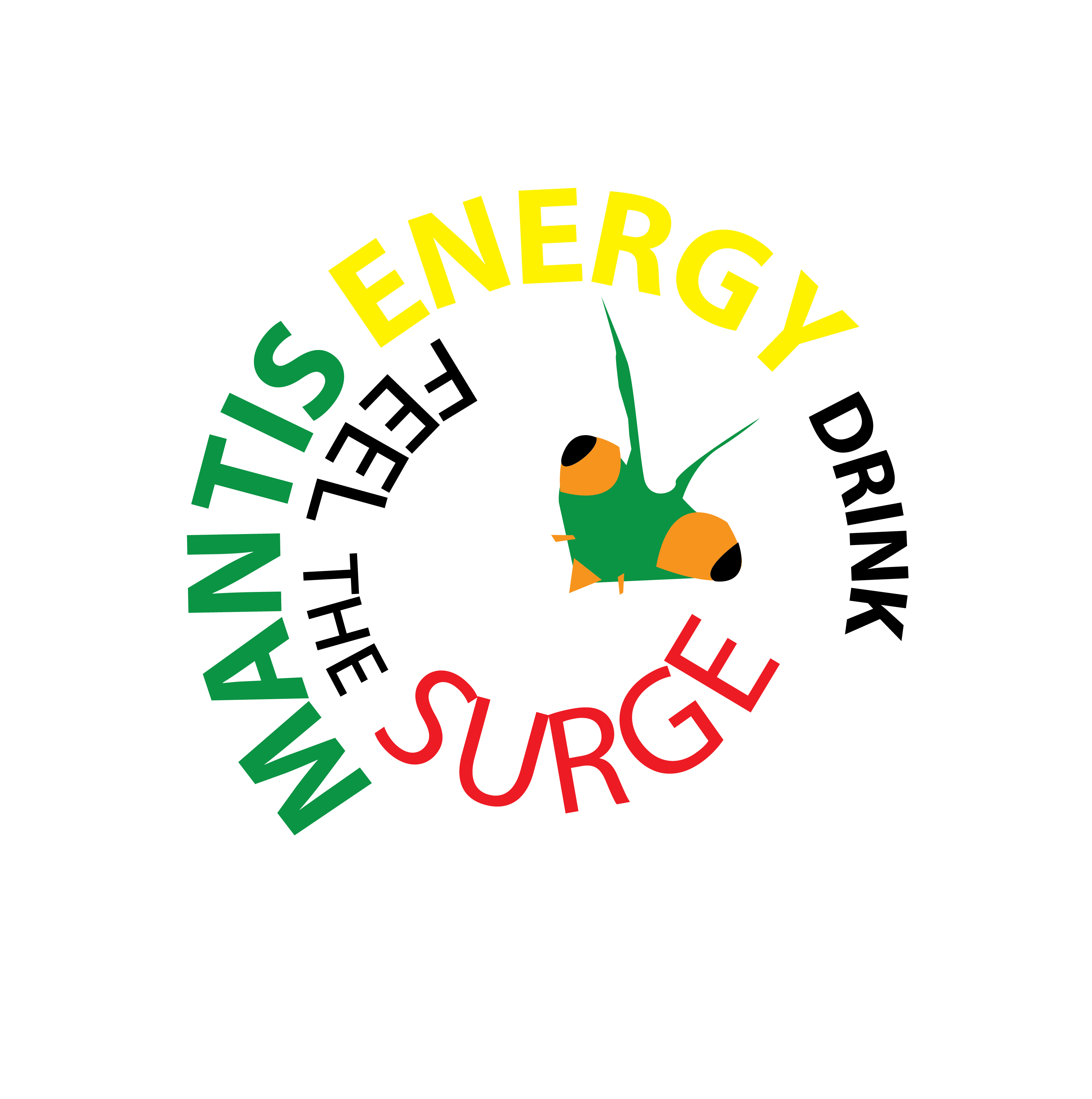 Big mantis head drawing. Under the logo there is a `Feel The Surge` phrase is shown.
