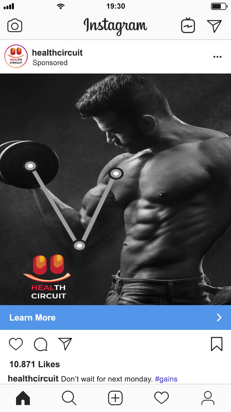  Instagram Ad screen for the Health Circuit. Big man head drawing. Under the logo there is a `Health Circuit` phrase is shown.