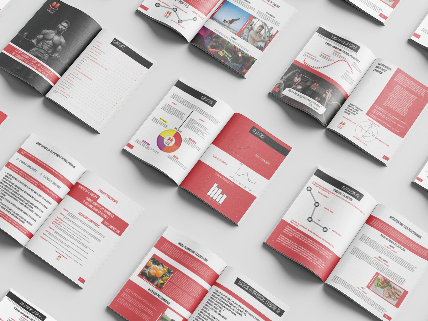 Different pages from the magazine opened on the magazines. 7 magazines are opened on the surface.