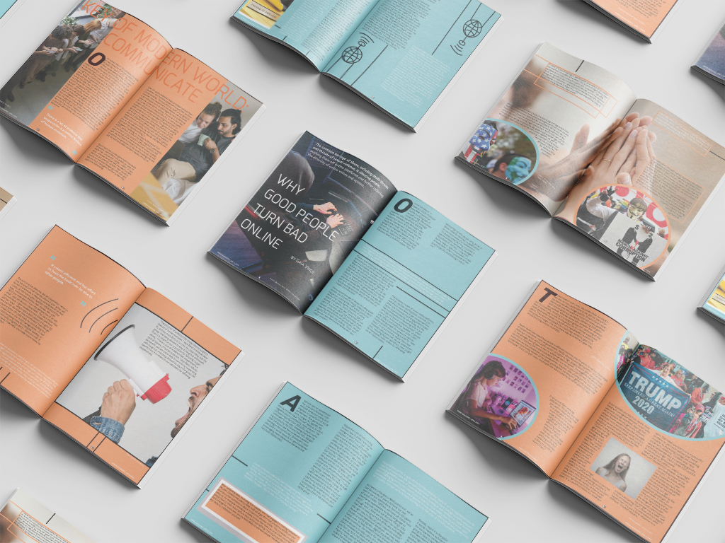 Different pages from the magazine opened on the magazines. 7 magazines are opened on the surface.