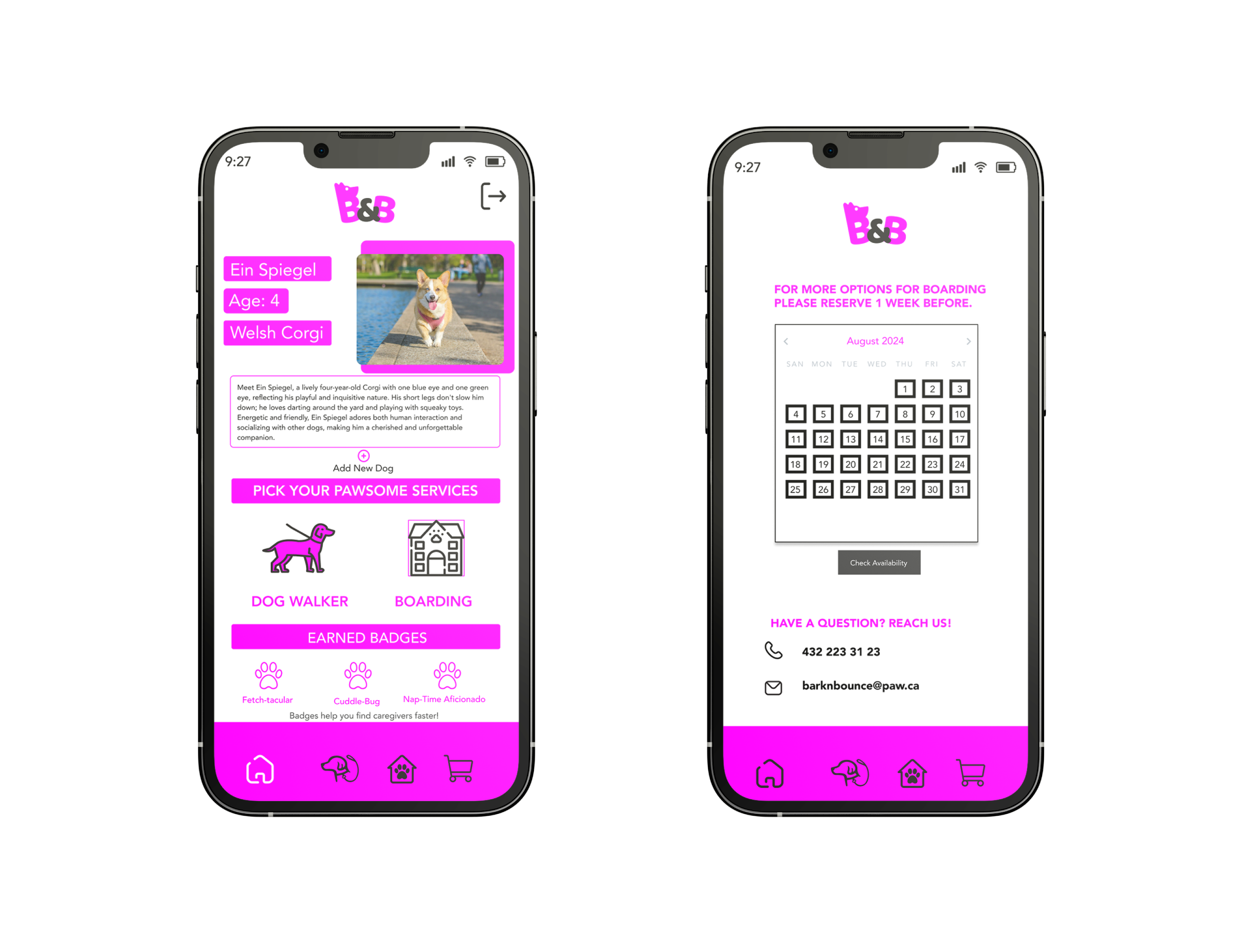 Bark&Bounce dog app Home & Booking menu screen phone mock-up