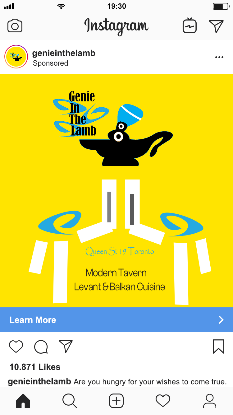 Social media advertisement screen for instagram. Genie logo and 2 blue white mascots can be seen.